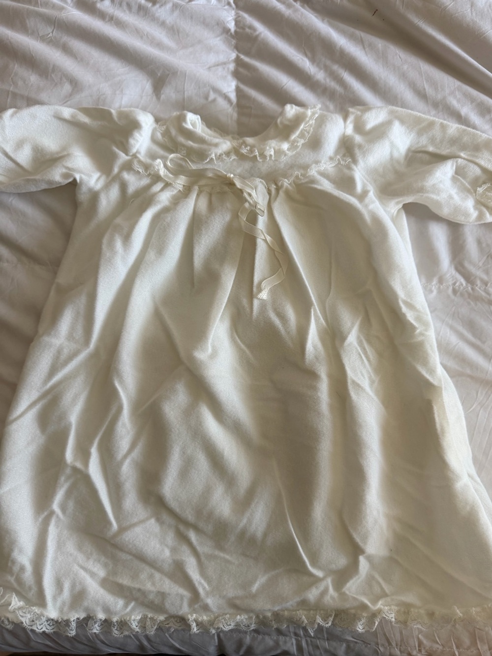 90s Ivory Baby Baptism Dress with Lace Trim Collar and Bow